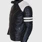 Men's White Stripes Black Cafe Racer Leather Jacket - inner lining view