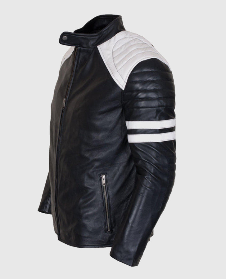 Men's White Stripes Black Cafe Racer Leather Jacket - inner lining view
