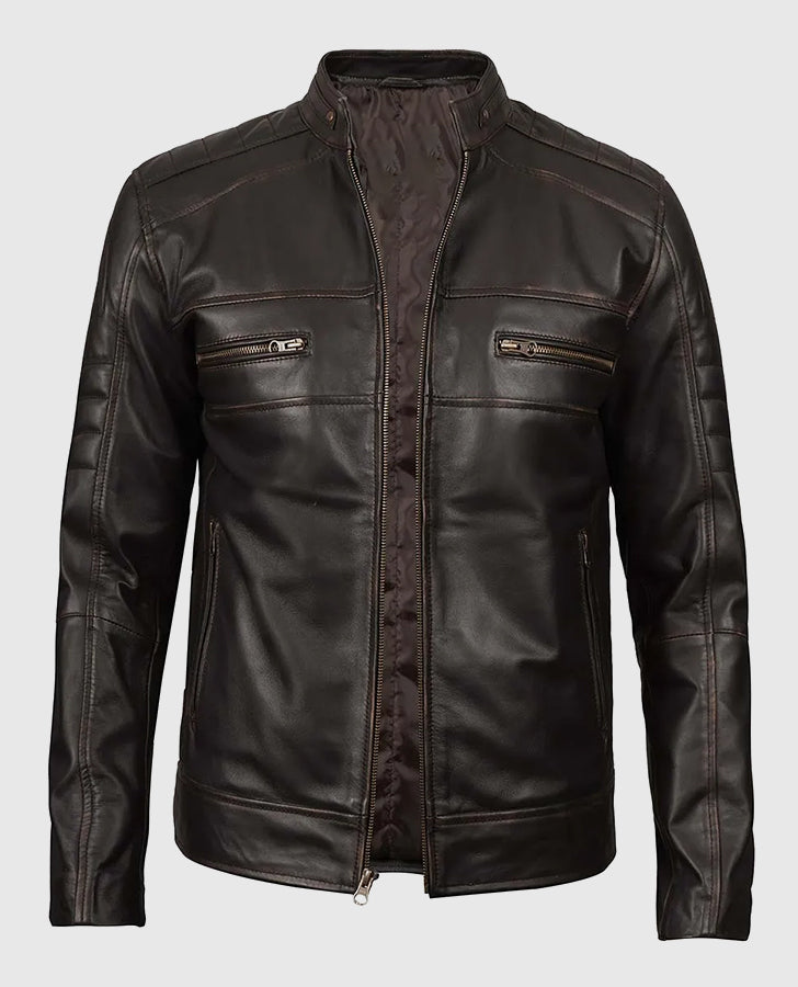 Men's Distressed Dark Brown Cafe Racer Real Leather Jacket - side angle view