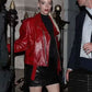 Furiosa a Mad Max Saga Premiere Anya Taylor-Joy Red Leather Jacket - collar and zip close-up
