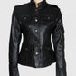 Anne Hathaway Get Smart Black Leather Jacket for Women - collar and zip close-up