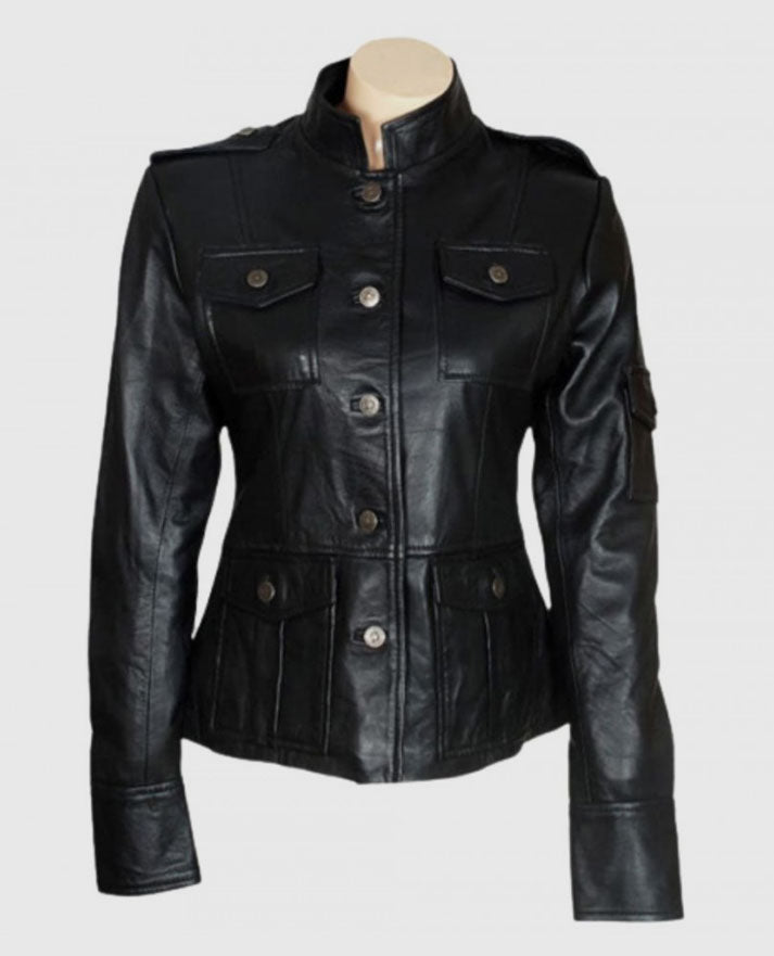 Anne Hathaway Get Smart Black Leather Jacket for Women - collar and zip close-up