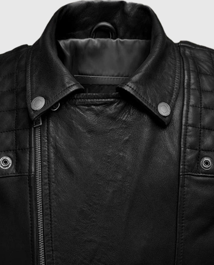 Ironwood Black Biker Leather Jacket for Men – Premium Outerwear - collar and zip close-up