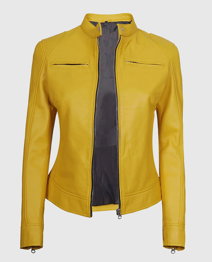 Women's Yellow Cafe Racer Leather Jacket – Premium Outerwear - model wearing the jacket