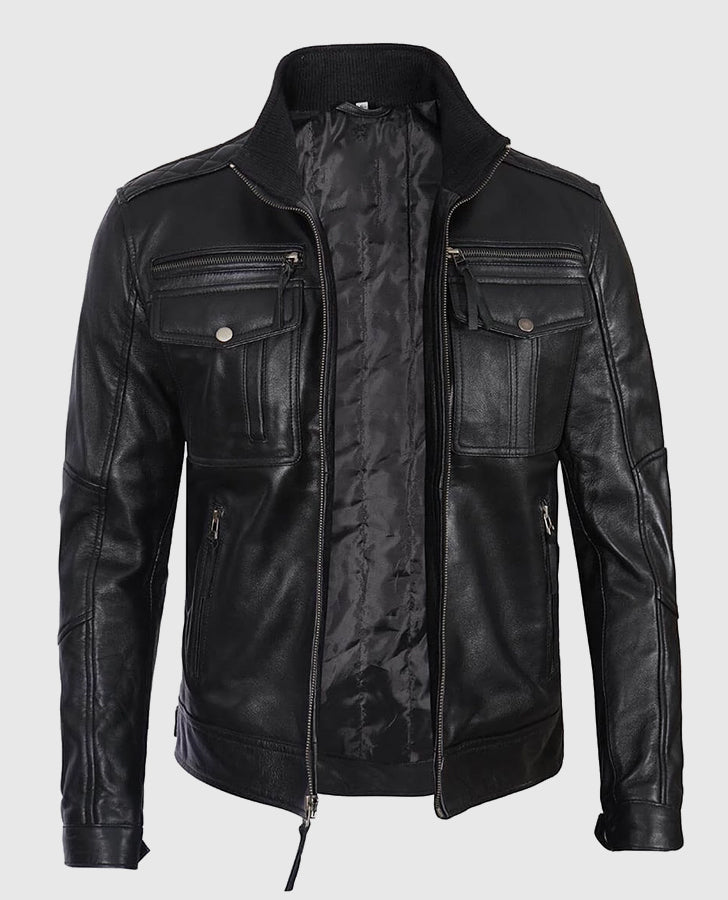 Moffit Men's Cafe Racer Real Black Leather Jacket – Custom Fit - side angle view