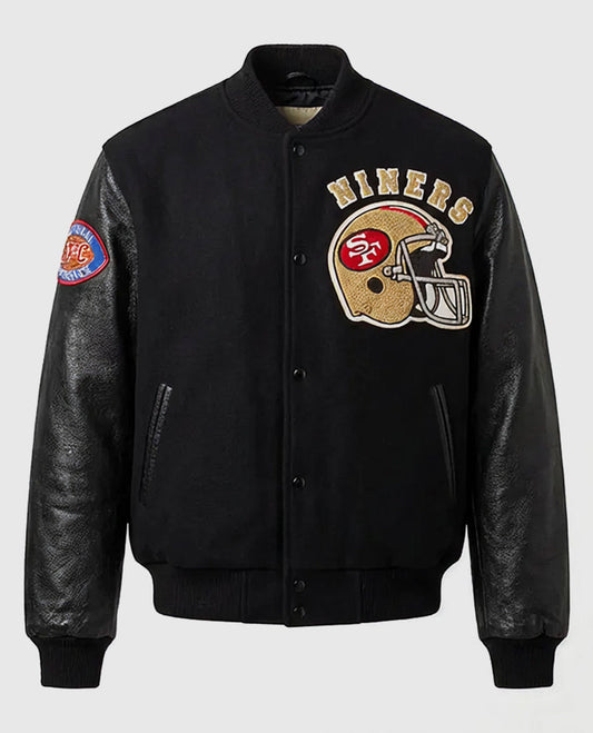 80's San Francisco 49ers Blue & White Letterman Leather Jacket - side angle view