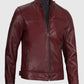 Men's Maroon Cafe Racer Leather Jacket – Custom Fit - collar and zip close-up