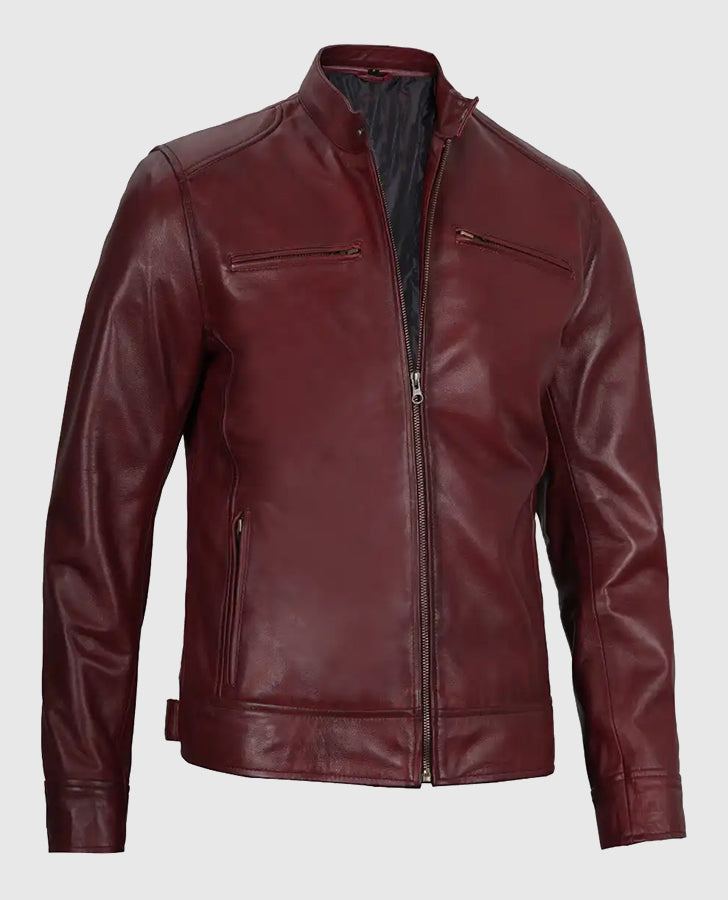 Men's Maroon Cafe Racer Leather Jacket – Custom Fit - collar and zip close-up