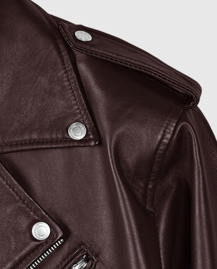 Joe Jonas Maroon Biker Leather Jacket for Men – Premium Outerwear - model wearing the jacket