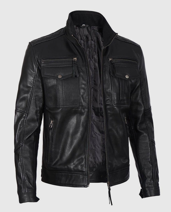 Moffit Men's Cafe Racer Real Black Leather Jacket – Custom Fit - inner lining view