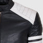 Men's White Stripes Black Cafe Racer Leather Jacket - collar and zip close-up