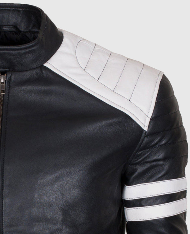 Men's White Stripes Black Cafe Racer Leather Jacket - collar and zip close-up