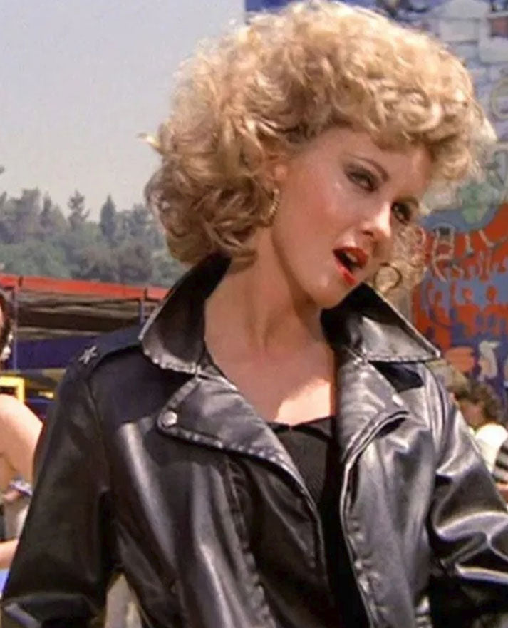 Olivia Newton John Grease Black Leather Jacket for Women - collar and zip close-up