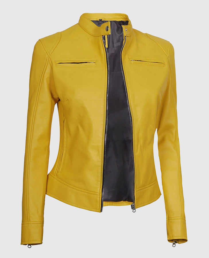 Women's Yellow Cafe Racer Leather Jacket – Premium Outerwear - detail view