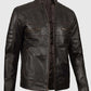 Men's Distressed Dark Brown Cafe Racer Real Leather Jacket - collar and zip close-up