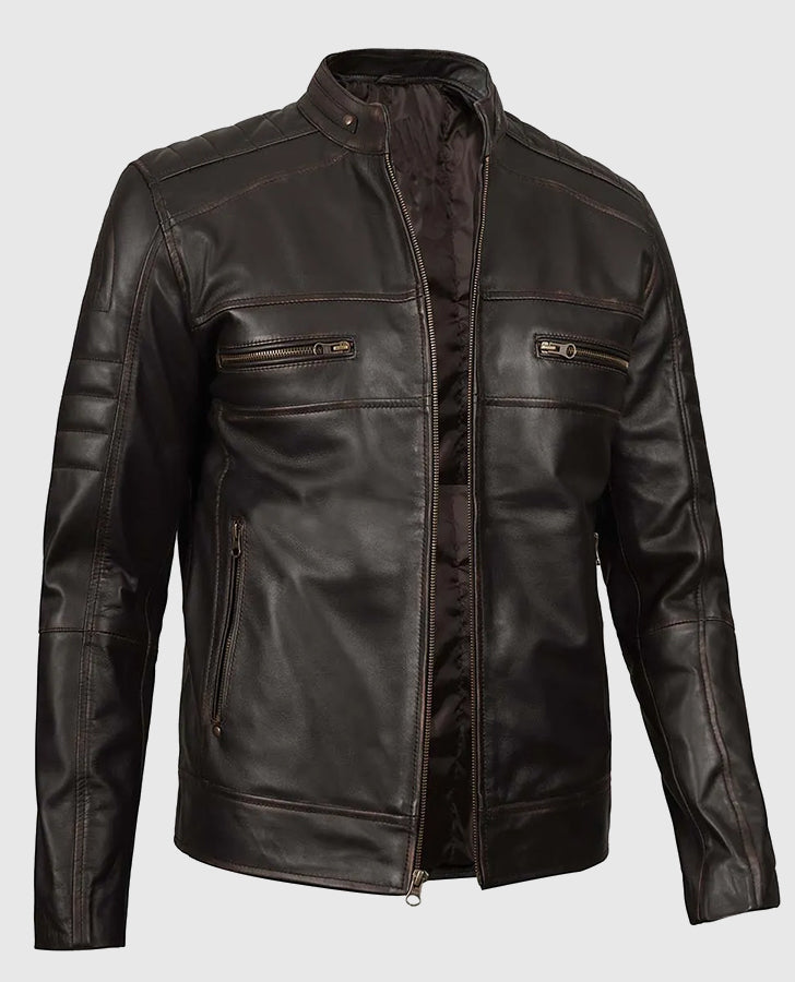 Men's Distressed Dark Brown Cafe Racer Real Leather Jacket - collar and zip close-up