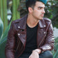 Joe Jonas Maroon Biker Leather Jacket for Men – Premium Outerwear - detail view