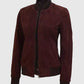 Women's Maroon Suede Leather Bomber Jacket – Premium Outerwear - collar and zip close-up