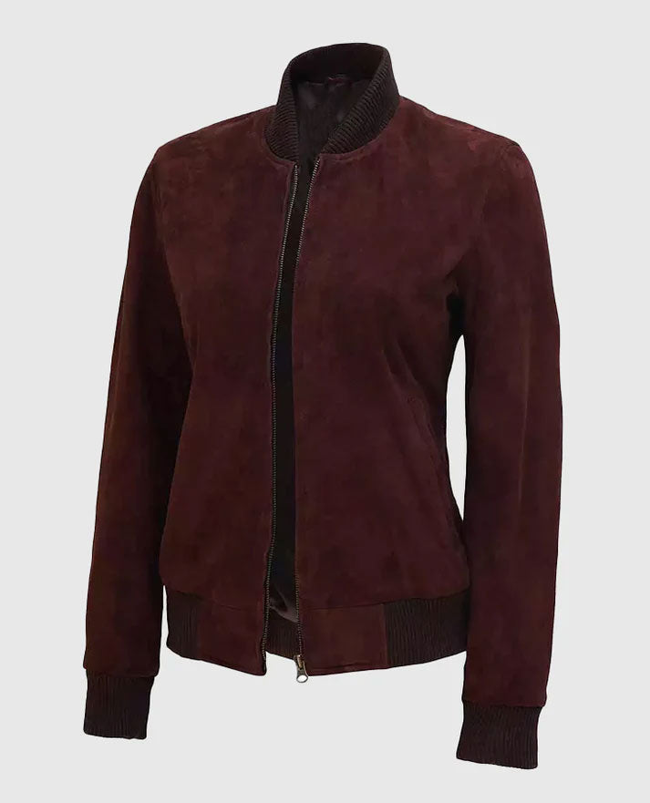 Women's Maroon Suede Leather Bomber Jacket – Premium Outerwear - collar and zip close-up