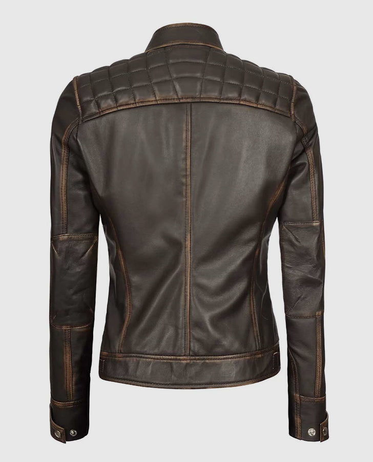 Women's Rub Off Dark Brown Quilted Leather Cafe Racer Jacket - detail view