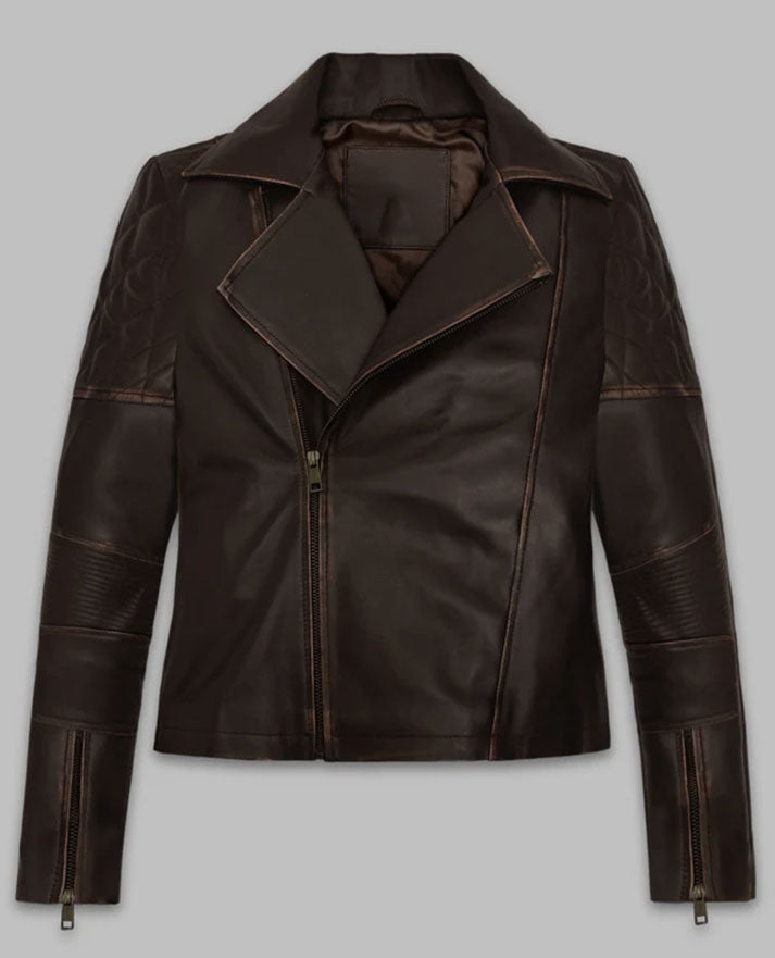 Furiosa a Mad Max Saga 2024 Anya Taylor-Joy Brown Leather Jacket - collar and zip close-up