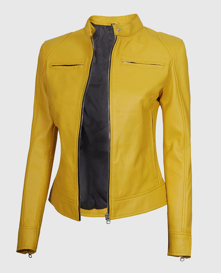 Women's Yellow Cafe Racer Leather Jacket – Premium Outerwear - side angle view