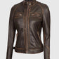 Women's Rub Off Dark Brown Quilted Leather Cafe Racer Jacket - side angle view