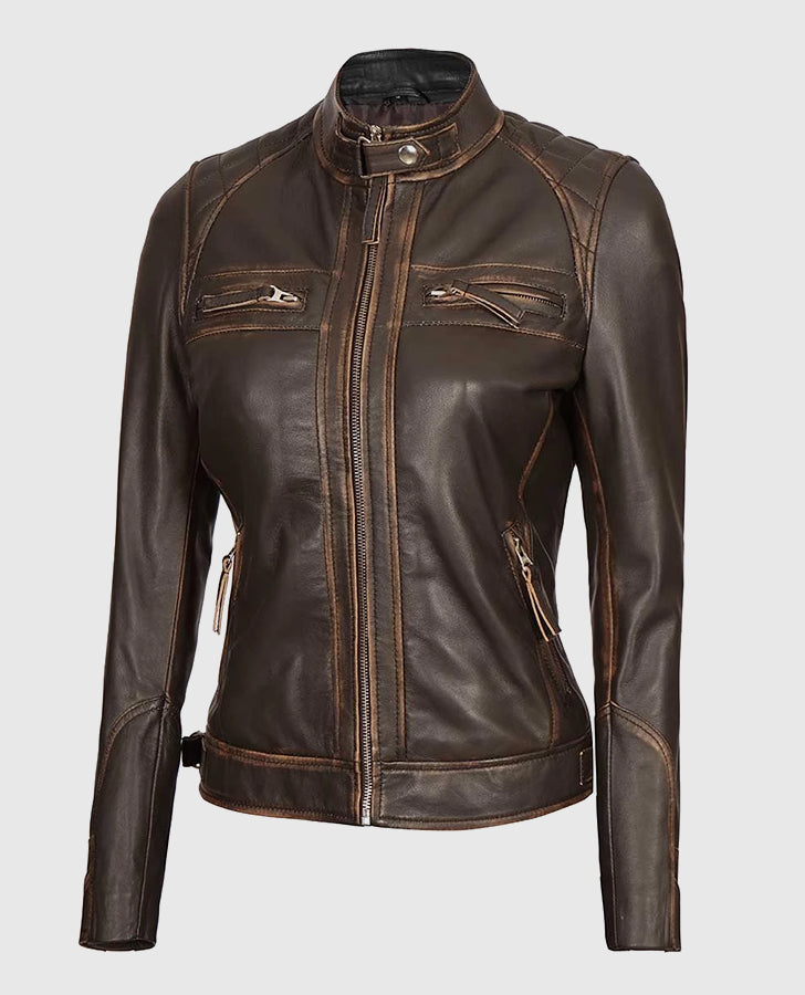 Women's Rub Off Dark Brown Quilted Leather Cafe Racer Jacket - side angle view