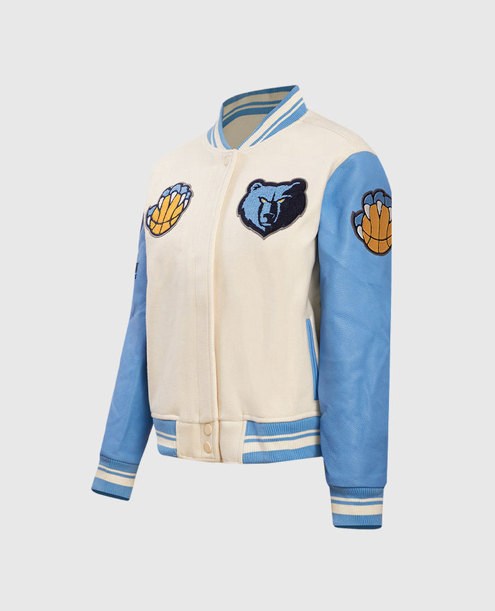 NBA Memphis Grizzlies Women's Rib Blue & White Wool Varsity Jacket - collar and zip close-up