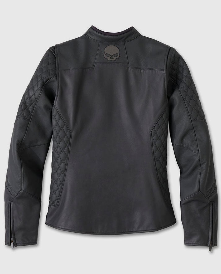 Women's Willie G Skull Graphic Leather Riding Black Jacket - collar and zip close-up