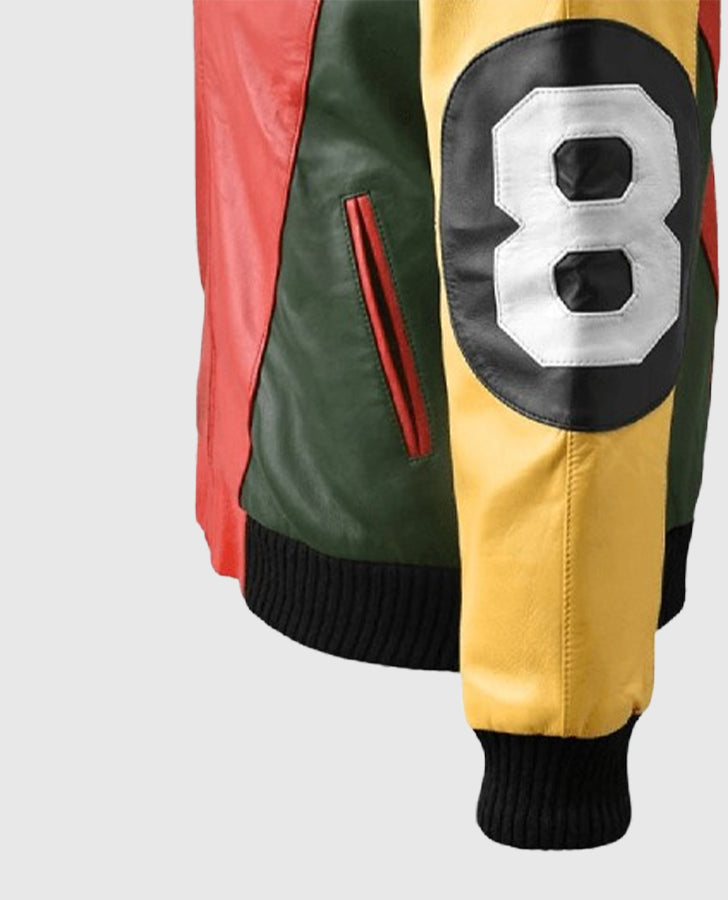 Men's 8 Ball Pool Green Bomber Leather Jacket – Custom Fit - collar and zip close-up