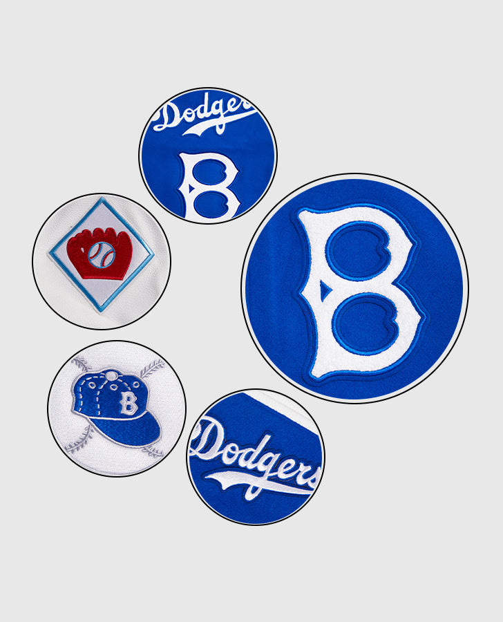 MLB Brooklyn Dodgers Men's Rib Wool Varsity Jacket Royal Blue White - model wearing the jacket