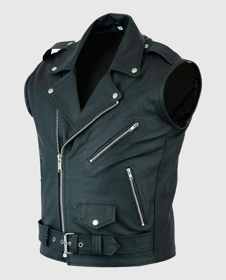 Men's Black Leather Biker Vest – Premium Outerwear - side angle view