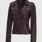 Women's Maroon Asymmetrical Leather Motorcycle Jacket - side angle view