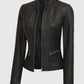 Women's Rachel Petite Black Cafe Racer Leather Jacket - collar and zip close-up