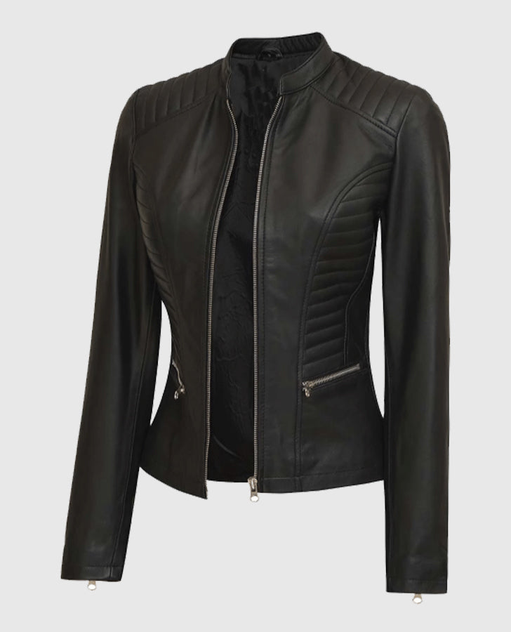 Women's Rachel Petite Black Cafe Racer Leather Jacket - collar and zip close-up