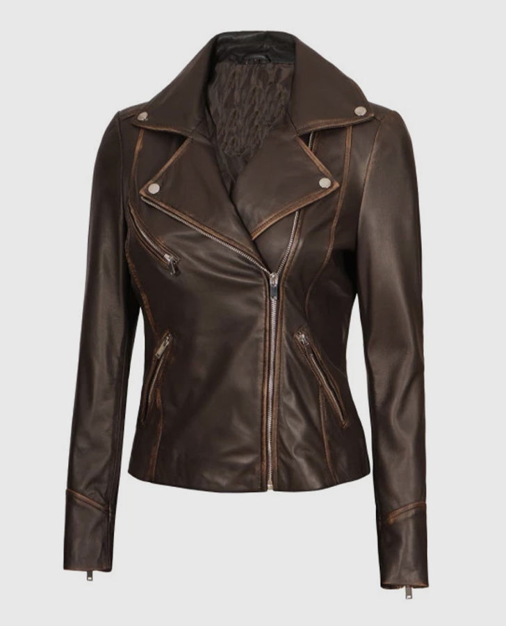 Women's Brown Rub-off Vintage Leather Biker Jacket - side angle view