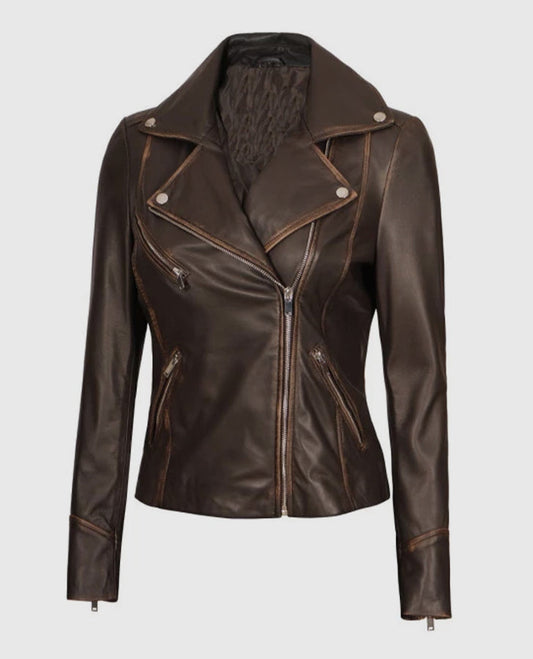 Women's Brown Rub-off Vintage Leather Biker Jacket - side angle view