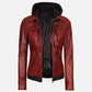 Women's Maroon Leather Jacket With Removable Hood