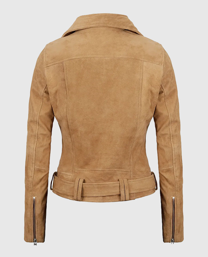Women's Premium Brown Suede Biker Leather Jacket – Premium Outerwear - collar and zip close-up