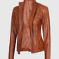 Women's Acerra Real Cognac Brown Leather Jacket – Custom Fit - collar and zip close-up