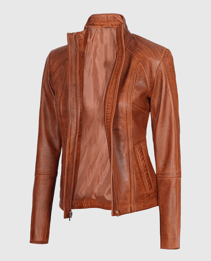 Women's Acerra Real Cognac Brown Leather Jacket – Custom Fit - collar and zip close-up