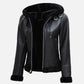Women's Black Leather Hooded Shearling Jacket