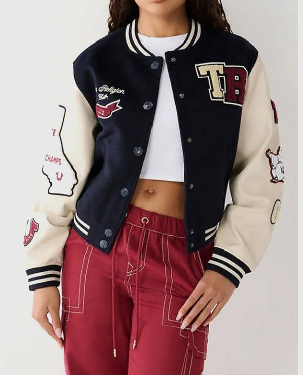 Women's True Religion Blue Varsity Leather Jacket – Custom Fit - front view