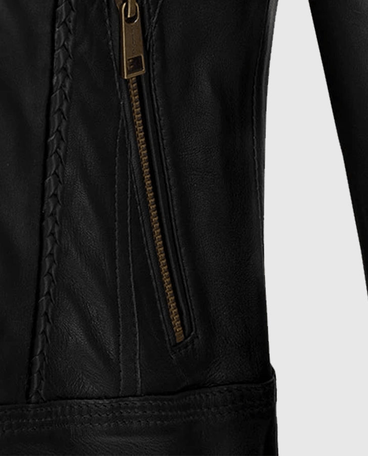 Clova Black Cafe Racer Leather Jacket for Women – Premium Outerwear - side angle view