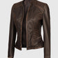 Women's Rachel Dark Brown Rub-off Cafe Racer Leather Jacket - collar and zip close-up