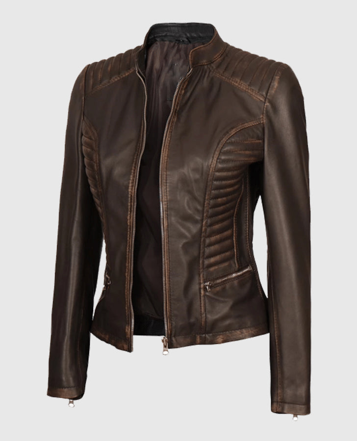 Women's Rachel Dark Brown Rub-off Cafe Racer Leather Jacket - collar and zip close-up