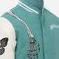 Men's Rod Godspeed Skull Mint White Varsity Leather Jacket - side angle view