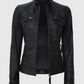 Women's Black Quilted Cafe Racer Leather Jacket – Custom Fit - side angle view