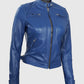 Women's Blue Diamond Cafe Racer Leather Jacket – Premium Outerwear - collar and zip close-up